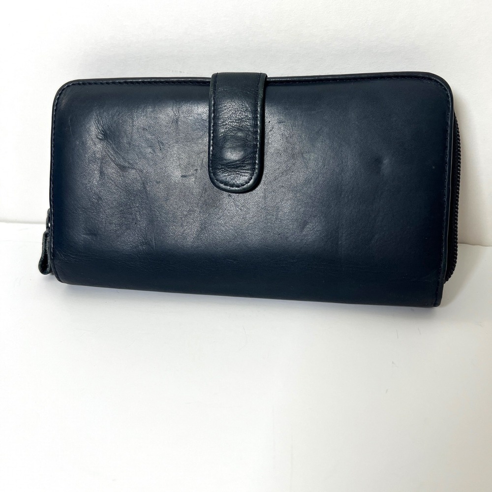 Navy Blue Top Grain Leather Zip Around Continental Wallet Snap Clutch‎ Organizer